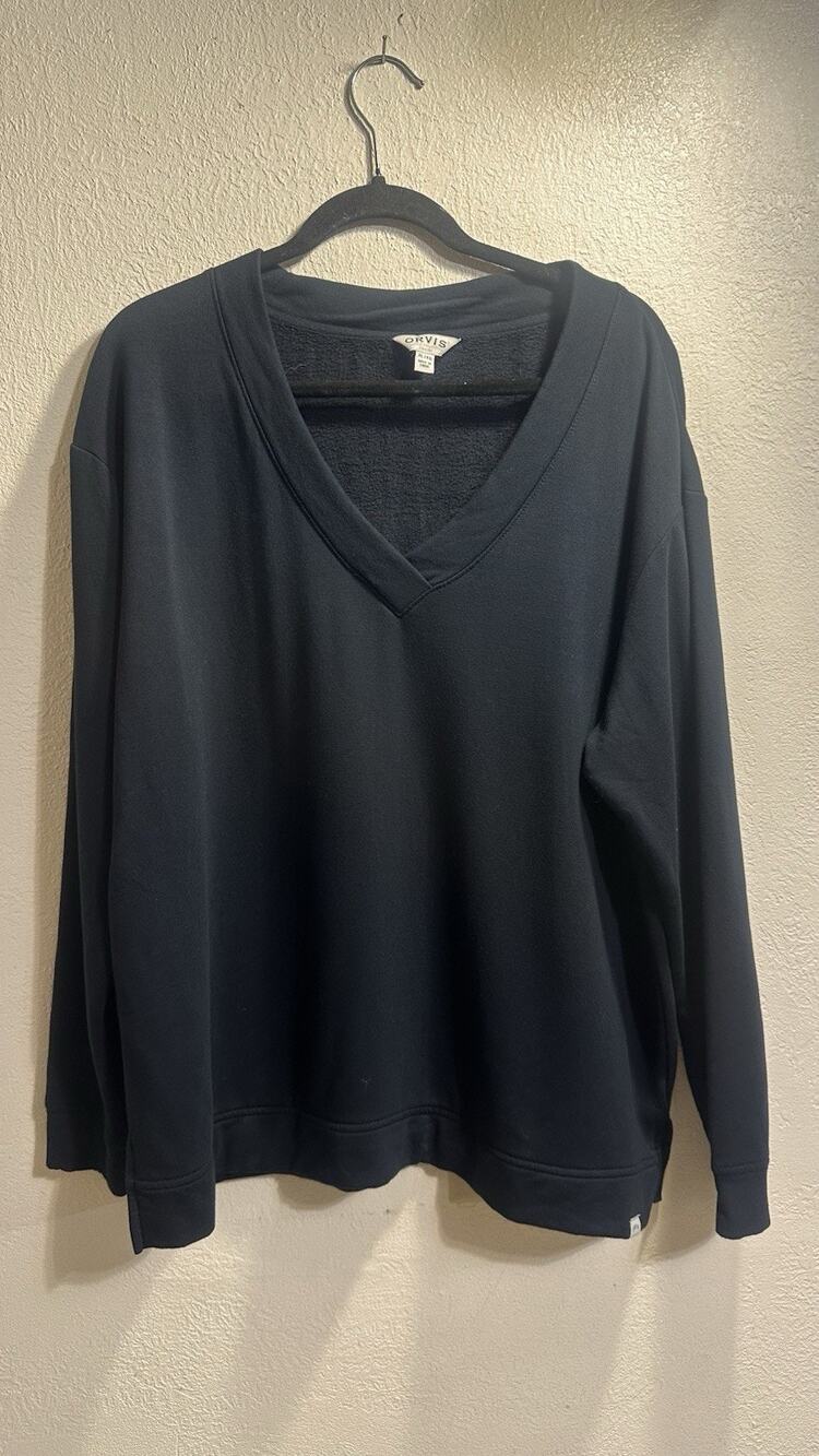 Orvis Womens XL Fleece Lined V Neck Pullover Sweatshirt Black Soft Stretch
